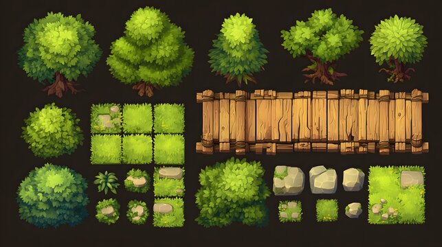 Fantasy game environment elements with lush trees, grassy tiles, rustic wood bridge, and mossy stones for creating vibrant, engaging levels and maps