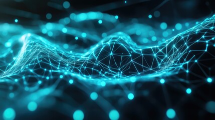 Abstract network connecting points and lines creating a wavy topology, representing global communication, blockchain, big data, and digital technology concepts