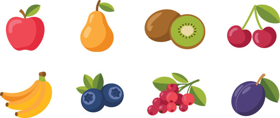 Set of fresh fruit icons, apple, pear, kiwi, banana, berries, healthy food, summer organic produce vector