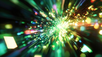 Abstract light particles creating a dynamic burst of color, representing concepts of high speed, digital data flow, energy, future technology, and cyberspace