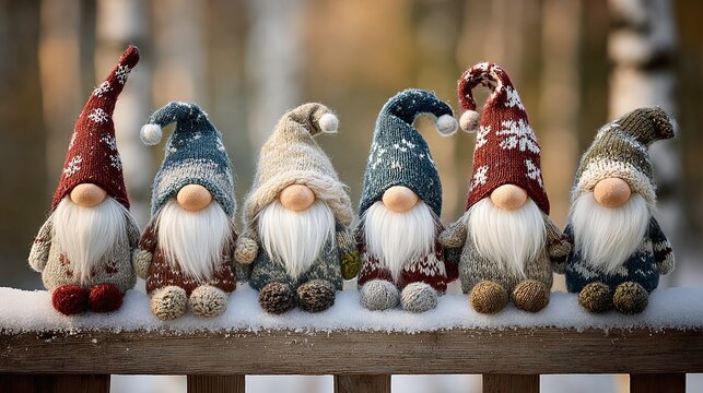 Festive gnomes dressed in colorful, knitted hats and sweaters with long white beards sit on a snowy ledge. Soft, ambient light gives a warm glow to the winter scene.