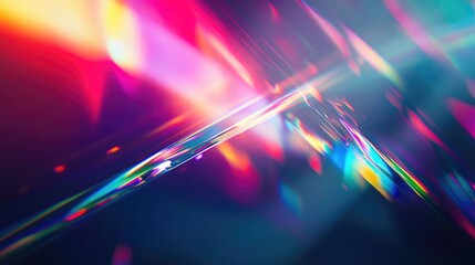 Abstract background featuring dynamic light refraction creating a colorful spectrum effect with bright, blurred lines moving across a dark, contrasting space, symbolizing technology and energy