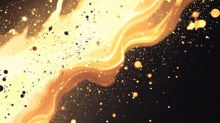 Gold fluid paint creating a dynamic wave across a dark background, releasing a multitude of shimmering particles and vibrant splashes, offering a concept of energy and celebration