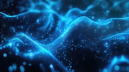 Blue digital mesh with glowing particles forming an abstract network, visualizing data flow, ai driven connections and global technology streams across a futuristic information landscape