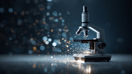 High-resolution image of a sophisticated microscope set against a backdrop of blurred lights. The microscope is precisely lit, highlighting its structure and design.