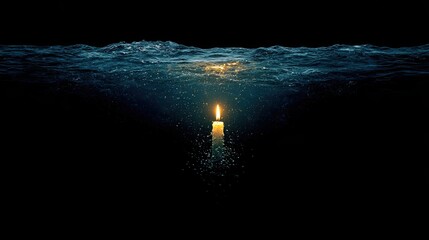 Burning candle glowing under dark water surface symbolizing endurance hope and fragile light within deep darkness