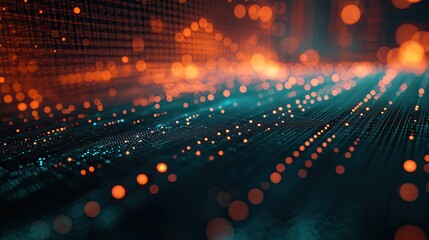 Abstract technology background with glowing orange and teal particles representing data streams, communication, and connectivity in a conceptually advanced digital system