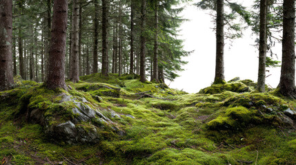 Lush green moss covered forest floor with tree trunks and cutout area