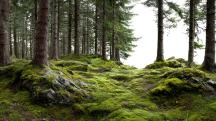 Lush green moss covered forest floor with tree trunks and cutout area