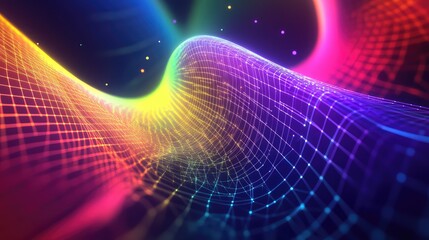 Abstract glowing wave of colorful lines and particles forming a dynamic grid, visualizing data flow, network connections, and futuristic digital communication and technology concepts