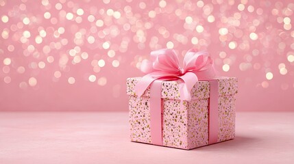 Elegant pink gift box with golden glitter stars and satin ribbon bow on soft bokeh background with copy space