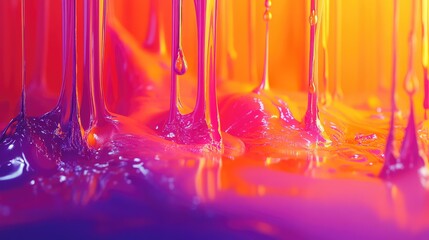 Viscous magenta, purple and orange liquid dripping and flowing across a glossy surface, creating smooth gradients, dynamic waves and vibrant abstract color blends and reflections