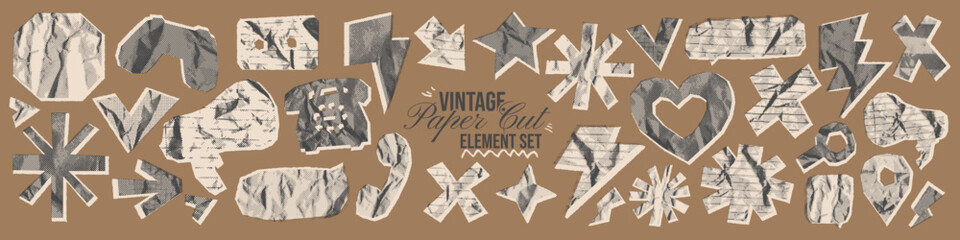 Vintage beige paper cut halftone element set. Bold retro shapes for collage design. Crumpled lined, grid notebook texture. Irregular rip scrapbook newspaper silhouette arrow, squiggle, star, lightning