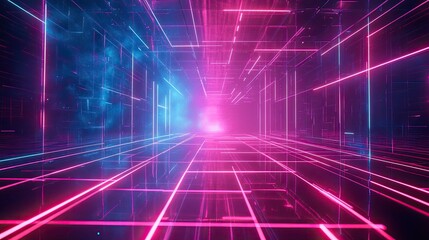 Glowing neon lines forming an abstract digital tunnel, simulating a high speed data network connecting towards a bright, distant light source, representing future technology and cyberspace travel