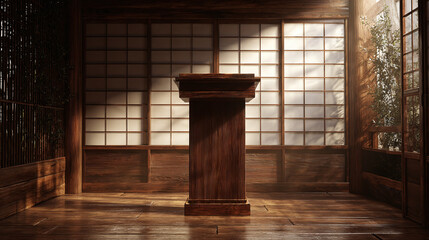 A solitary wooden podium stands within a traditional Japanese room, bathed in natural light