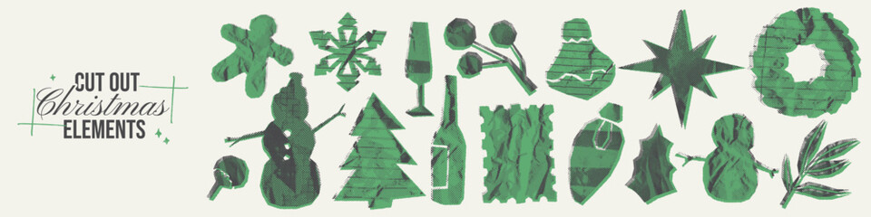 Christmas irregular paper cut element set. Crumpled paper with crumpled halftone texture. Festive retro funky collage rip shapes. Cut out whimsical tree, snowmen, wreath, snowflake, gingerbread, star.