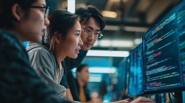 Group adult Asia female software developer mentor leader manager talk strategy plan to executive write prompt AI bot IT app program nomad, video game. Projecting slideshow code