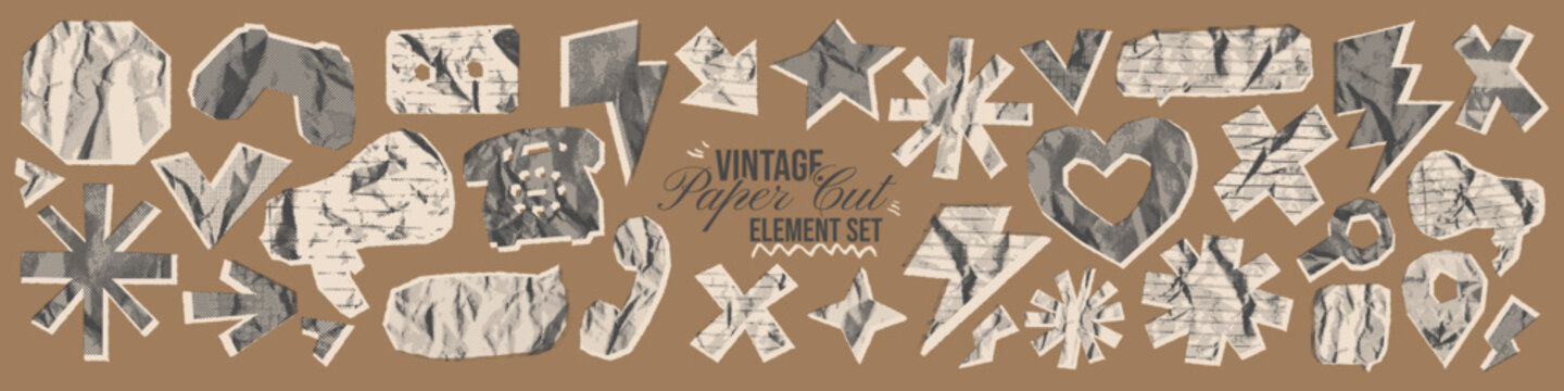 Vintage beige paper cut halftone element set. Bold retro shapes for collage design. Crumpled lined, grid notebook texture. Irregular rip scrapbook newspaper silhouette arrow, squiggle, star, lightning