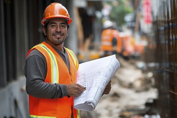 Construction worker holding blueprint at construction site for engineering and safety design