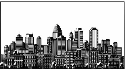 Fototapeta premium A detailed black and white illustration of a dense city skyline with various buildings.