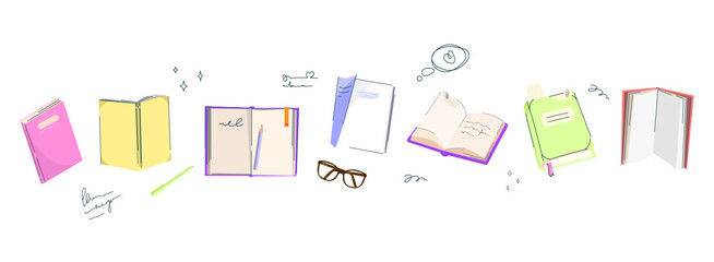Hand drawn set of books, glasses, pens, and writing elements in colorful doodle style on white background for educational designs, digital planners, school projects, websites, print materials. Vector