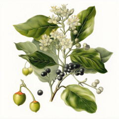 A refined botanical illustration featuring white berries and lush green leaves in a classic scientific style.