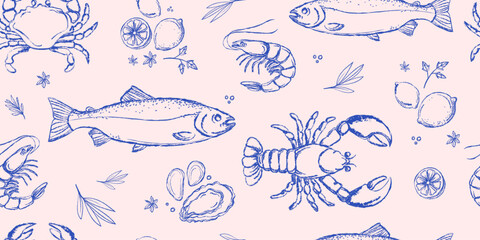 Seamless pattern with seafood fish, lobster, shrimp, crab, oysters, lemons, and herbs in blue ink on light background for restaurant branding, packaging, menus, kitchen decor, textile design. Vector