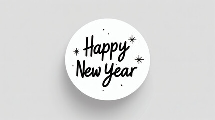 A cheerful and optimistic circular sticker design featuring a festive 'Happy New Year' greeting, embellished with delicate sparkles, perfect for holiday celebrations and season's greetings
