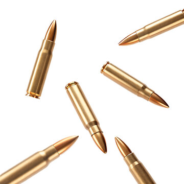A collection of six brass rifle cartridges scattered and angled on a black background bullets ammunition isolated on a transparent background