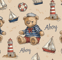 A charming bear illustration surrounded by lighthouses and boats, evoking seaside adventures and cozy maritime charm.