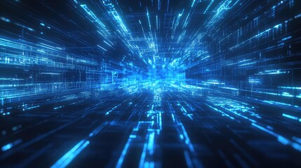 Abstract blue tunnel of streaming digital data and glowing fiber optic lines conveying high speed network connectivity, big data visualization, and futuristic cyber communication