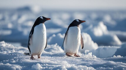 Obraz premium Gentoo Penguins on Antarctic Ice - Cold Wildlife 