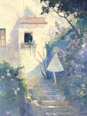 A soft storybook-style illustration of a girl walking past a charming European cottage, filled with warmth, nostalgia, and fairy-tale atmosphere.