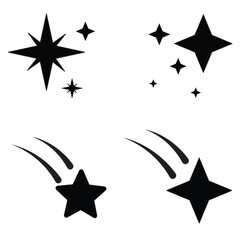 Set of four black star icons: sparkling stars and shooting star silhouettes with trails. Celestial, magical, and astronomy symbols on a white background. Simple vector clip art for design