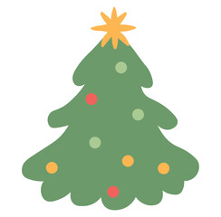Hand drawn christmas tree with ornaments for holiday decorations, greeting cards and festive seasonal designs, PNG with transparent background
