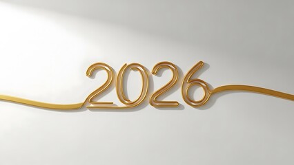 Shiny golden 2026 typography with a smooth curved tail on a light gray background number