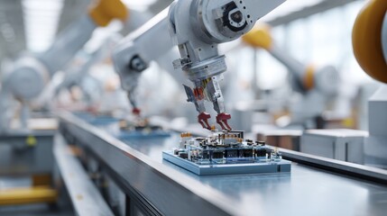 Fototapeta premium Robotic arms assembling circuit boards in modern factory automation