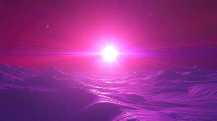 Obraz premium Extraterrestrial landscape immersing viewers in a vibrant purple and pink alien world with rolling hills under a blinding star and cosmic sky, conveying themes of exploration and mystery