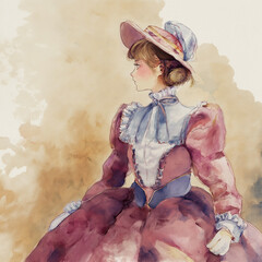 A soft watercolor-style illustration of a young girl in vintage attire, evoking nostalgia, elegance, and timeless beauty.