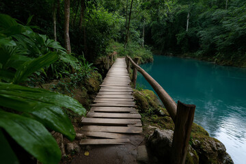 Fototapeta premium A rustic wooden bridge crossing through a lush jungle, leading to a tranquil lake reflecting vibrant greenery, showcasing the beauty and serenity of nature's untouched landscapes.