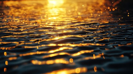 Water surface bathing in warm golden sunset light, calm ripples and smooth waves creating sparkling bokeh, shimmering texture and tranquil evening glow across the sea