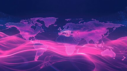 Digital world map composed of glowing dots, illustrating global technology, communication, and interconnectedness over a dynamic background of vibrant pink and purple light waves