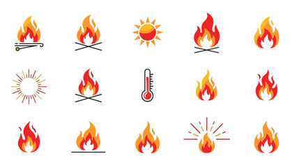 A diverse array of fifteen colorful flat design icons depicting themes of fire and heat, such as bonfires, suns, sunbursts, and a thermometer, cleanly displayed on a white background.