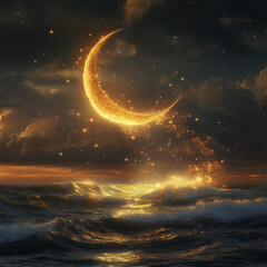 A magical golden crescent moon floating above glowing water, creating a calm and mystical atmosphere.