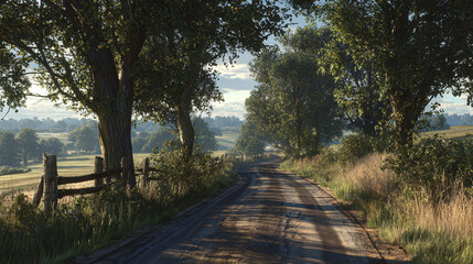 A serene road with verdant trees on both sides, leading toward the horizon. The atmospheric perspective creates a sense of depth and tranquility