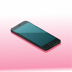 Modern black smart phone lies on a smooth pink surface or table in perspective view. Realistic vector illustration isometric smartphone.