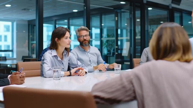 Business meeting in a glass office: a focused woman listens at the table while the camera pulls back to a wider view and colleagues gesture during a calm strategic discussion.