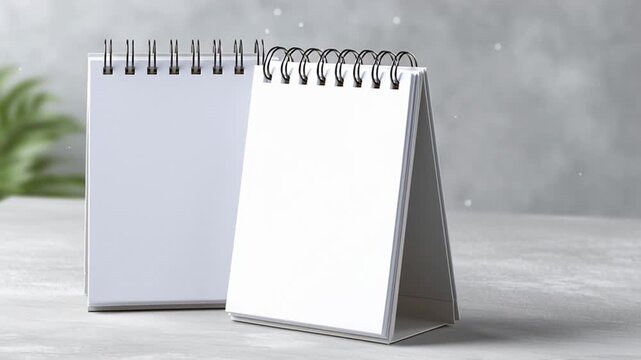 Blank white spiral desk calendar stands on a minimalist grey surface as camera slowly pans and refocuses across empty pages, creating clean copyspace for planning and branding.