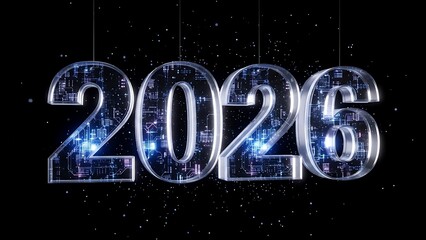 Glowing futuristic digital 2026 numbers with circuit board texture on dark starry background digits