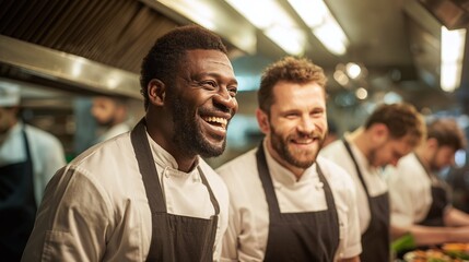 Joyful chefs in a professional kitchen, smiles reflecting the camaraderie and passion in their culinary workplace, preparing gourmet meals. Teamwork makes the dream work!